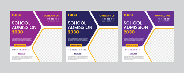 a back to school three color web and print banner, school admission square online banner