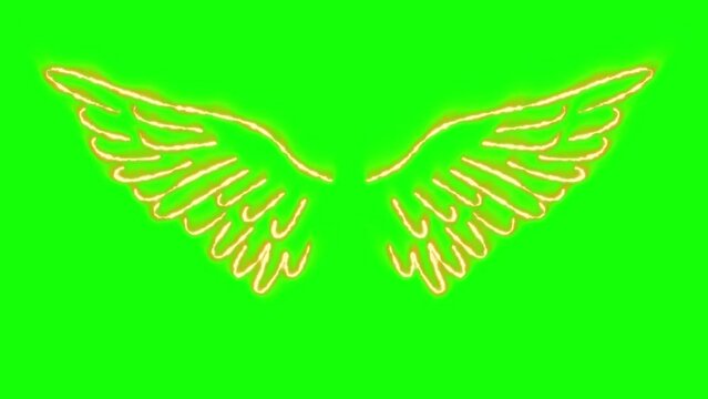wings animation with neon effect flapping wings with green screen chroma key background
