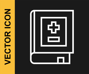 Obraz premium White line Book with mathematics icon isolated on black background. Math book. Education concept about back to school. Vector