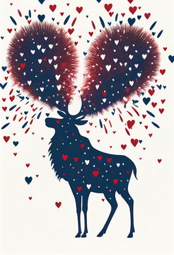 Happy deer in a firework of hearts. Valentine's Day. AI generated