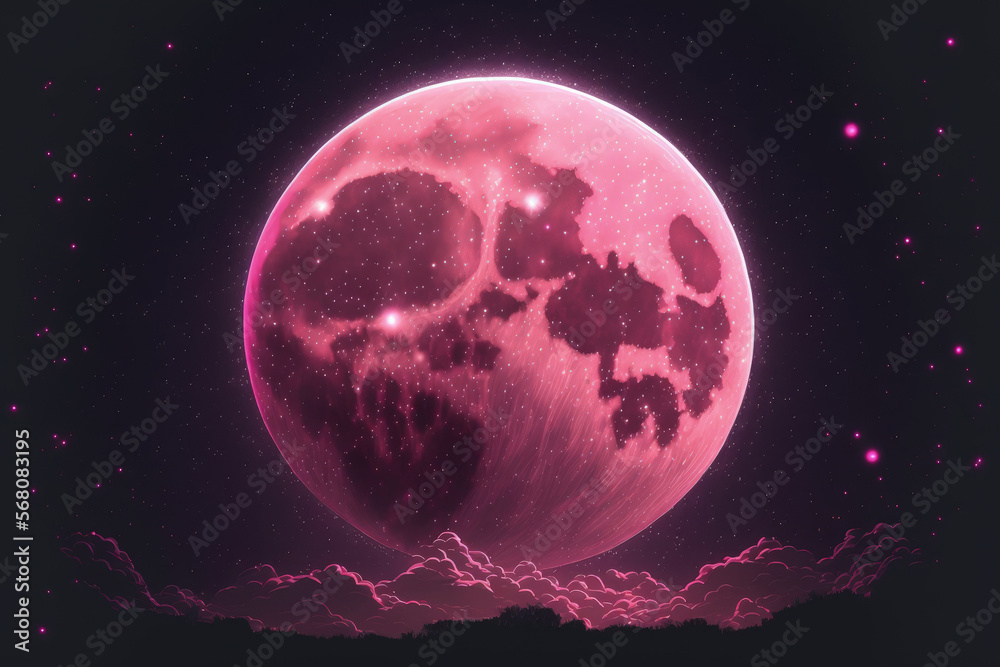 Wall mural pink full super moon with stars surrounding it and a pink halo in the background of a night sky. gen