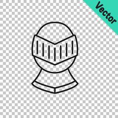 Black line Medieval iron helmet for head protection icon isolated on transparent background. Knight helmet. Vector