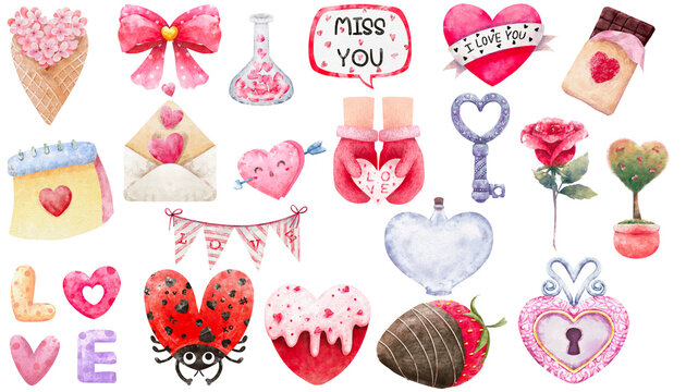 Valentine’s Day watercolor illustration clipart isolated. set of Red heart, Love messages, Chocolate, Strawberry, Heart key, Rose flower hand drawn painting on white background for sticker decoration.