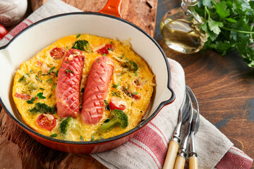 Omelette or frittata with two sausages, melted cheese, cherry tomatoes, broccoli and parsley on red skillet or iron pan on old wooden rustic table background. Healthy breakfast food concept. Top view