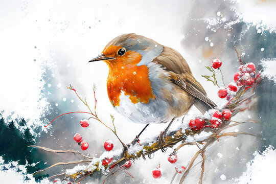 Robin redbreast (Erithacus rubecula) bird in the winter snow, a British European garden songbird with a red breast often found on Christmas greeting cards, computer Generative AI stock illustration