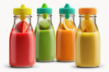 Smoothie in glass bottles, colored green, yellow, orange, and red, isolated on a white backdrop, top view. include the clipping path. Generative AI