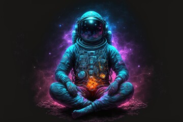 An esoteric spiritual yogi astronaut in the lotus position in meditation in the midst of colorful nebulae. Mystical fantasy mood