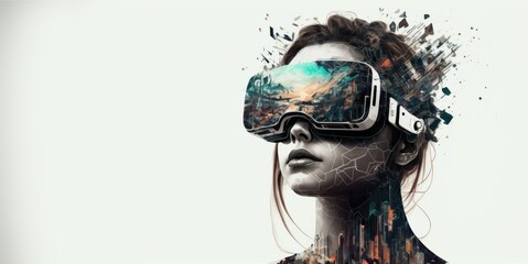 A beautiful woman in a virtual reality headset .A futuristic concept of the metaverse 