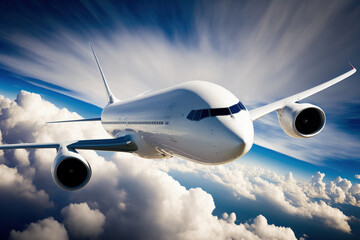 Fototapeta premium White passenger jet flying in the sky with stunning clouds in the background Air travel. Generative AI
