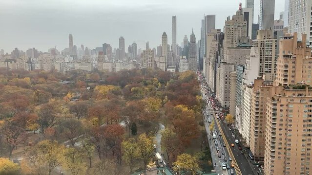 Admire the vibrant autumn colors of Central Park from a distance, with its yellow and red leaves set against the backdrop of towering skyscrapers. Time lapse filming of the traffic from above.