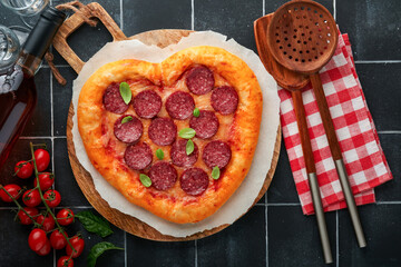 Valentines day heart shaped pizza with mozzarella, pepperoni and basil, wine bottle, two wineglass, gift box on black background. Idea for romantic dinner Valentines day. Top view. Mock up.
