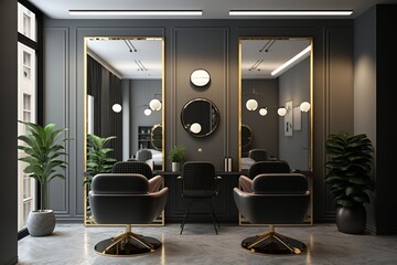 Workplace makeup artist and hairdresser. Nobody. Big mirrors and leather chairs, beauty salon interior - Generative AI