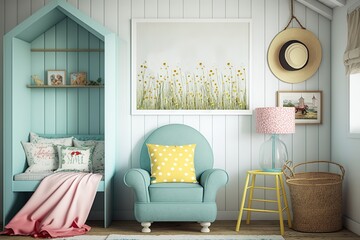 Natural bright interior for kids room with wooden furniture, designer accessories and posters on a wooden wall - generative AI