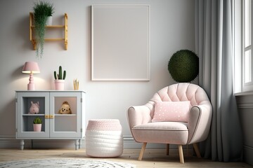 Natural bright interior for kids room with wooden furniture, designer accessories and posters on a wooden wall - generative AI