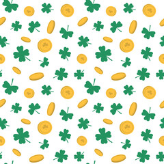 Vector pattern with gold coins and clover. Isolated on a white background. Seasonal design for St. Patrick's Day, children's textiles, covers