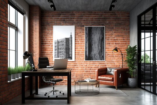 Modern loft office interior with old vintage brick wall. New Yorker Artistic workspace