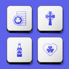 Set Golden leprechaun coin, Celtic cross, Beer bottle with clover and Heart trefoil leaf icon. White square button. Vector