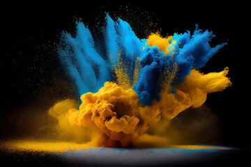 Blue and yellow powder explosion. Created with Generative AI technology