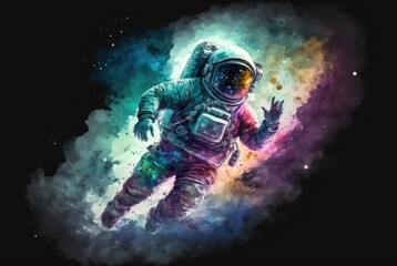 Fototapeta na wymiar Astronaut in space with nebulae painted with colorful watercolor splashes and splotches 