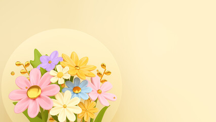 3D festive background with a bouquet of pastel flowers and leaves.