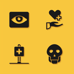 Set Red eye effect, Skull, Location hospital and Heart with cross icon with long shadow. Vector