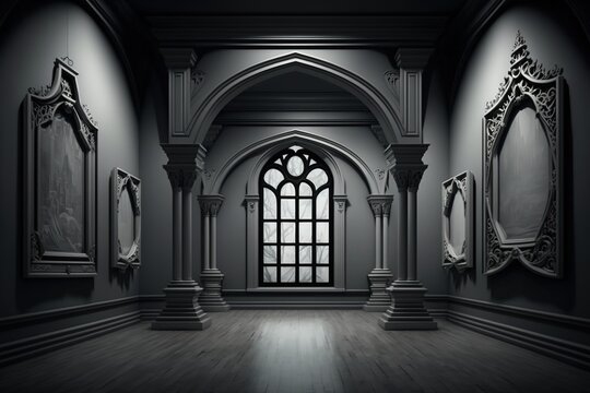 Gothic interior with picture frames on the walls