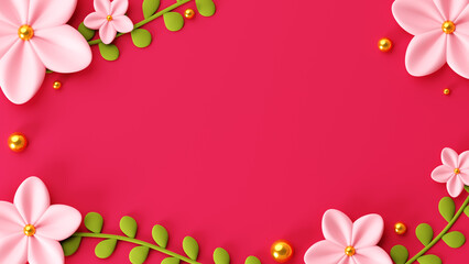 3D festive background with pink flowers and leaves on  background.