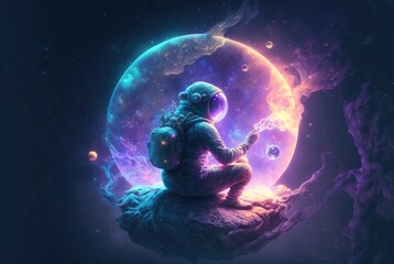 Obraz na płótnie Canvas An astronaut travels through deep space sitting on an asteroid amidst stunningly colorful nebulae. A mystical esoteric mood