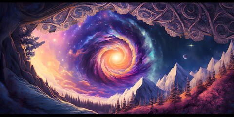 Dreamy galaxy eye landscape, spirituality and transcendence, artistic meditative psychedelic journey, euphoria and calming, otherworldly voyage, colorful swirl, energy and space, generative ai