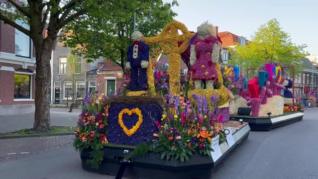 Platforms decorated with flowers on Bloemencorso Bollenstreek Flower Parade Keukenhof, Haarlem, the Netherlands, 24 April 2022. High quality 4k footage