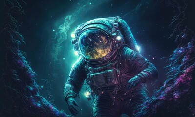 An astronaut travels through deep space in the midst of stunning, colorful nebulae. A mystical esoteric mood 