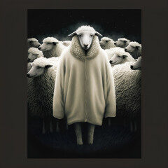 A special sheep, like a man in clothes, stands against the background of a herd of ordinary sheep. Not like the others. White crow. Loneliness. AI generation