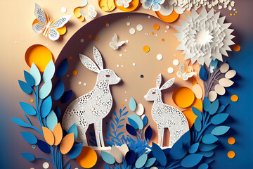Spring Easter background with rabbits and flowers paper cut background. AI