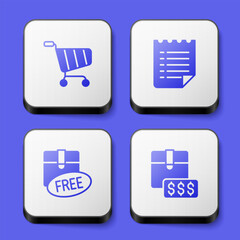 Set Shopping cart, Wish list template, Cardboard box with free symbol and Item price tag dollar icon. White square button. Vector