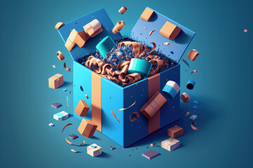 A surprise present box opening, earning points, a loyalty program, and receiving prizes, all on a blue background. Generative AI