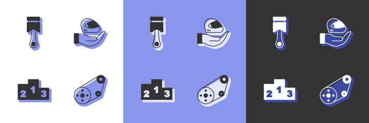 Set Timing belt kit, Engine piston, Award over sports winner podium and Racing helmet icon. Vector