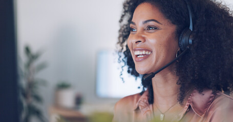 Headache, frustrated or black woman in call center with stress working in customer services helping...