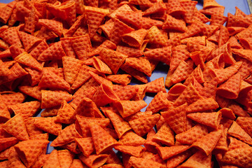 Stock photo of Crackers .Fresh prawn chips with tomato and garlic sauce, Close up view, sunny atmosphere.