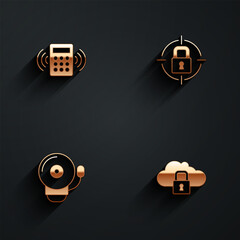 Set Security keypad access panel, Lock, Ringing alarm bell and Cloud computing lock icon with long shadow. Vector