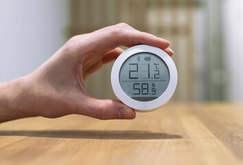 Thermohygrometer, home air quality and humidity control device with normal healthy good numbers of...