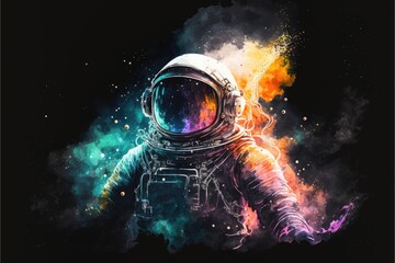 Astronaut in space with nebulae painted with colorful watercolor splashes and splotches 