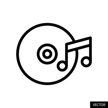 Compact disc with musical note symbol, music CD vector icon in line style design for website, app, UI, isolated on white background. Editable stroke. Vector illustration.