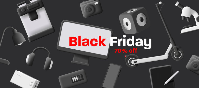 Black Froday sale banner with 3d illustration pattern of different household goods and gadgets
