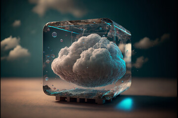 Chmura w szklanym sześcianie, zamrożona dane, Cloud in glass cube, frozen data - AI Genrated
