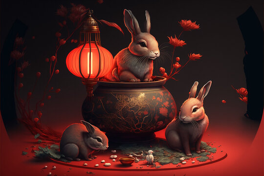 Fototapeta Tradycyjny chiński, rok Królika, Króliki, Traditional Chinese - Year of the Rabbit, Rabbits - AI Generated
