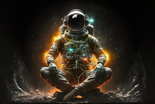 Esoteric spiritual yogi astronaut in lotus position meditation in the deep space mysterious. Mystical fantasy mood