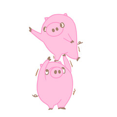 Two little pigs climb up next to each other.