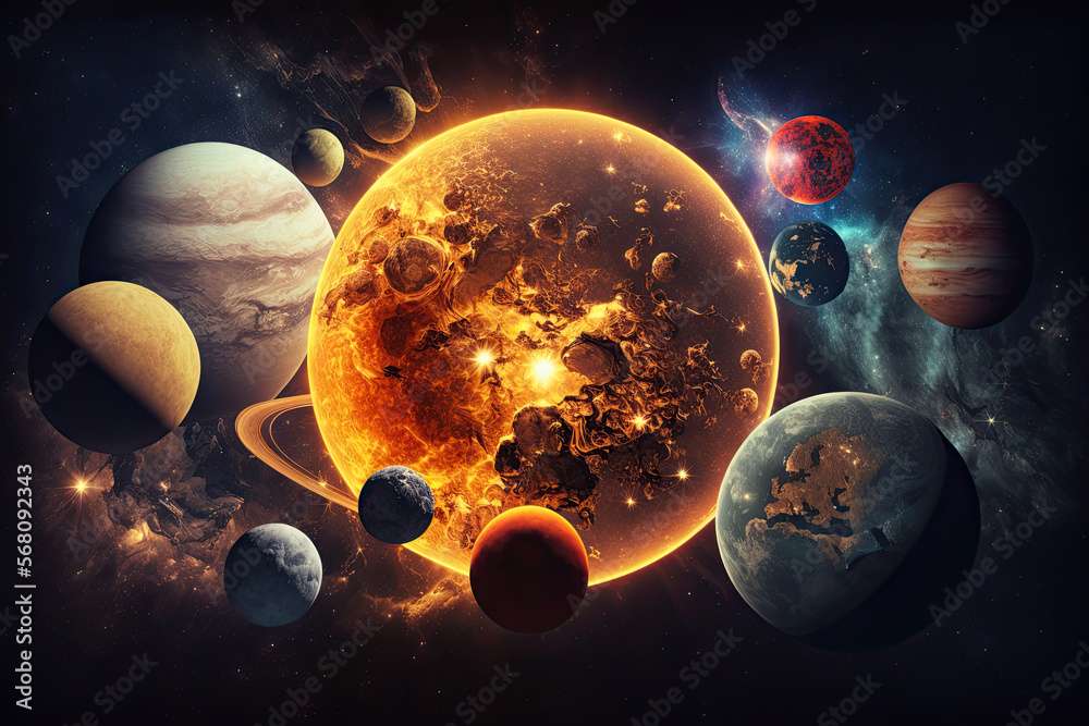 Wall mural unreal fantastic scheme of the solar system with the sun and planets in space. generative ai