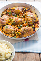 Chicken tagine casserole with olives, preserved lemons and chickpeas 