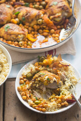 Chicken tagine casserole with olives, preserved lemons and chickpeas 